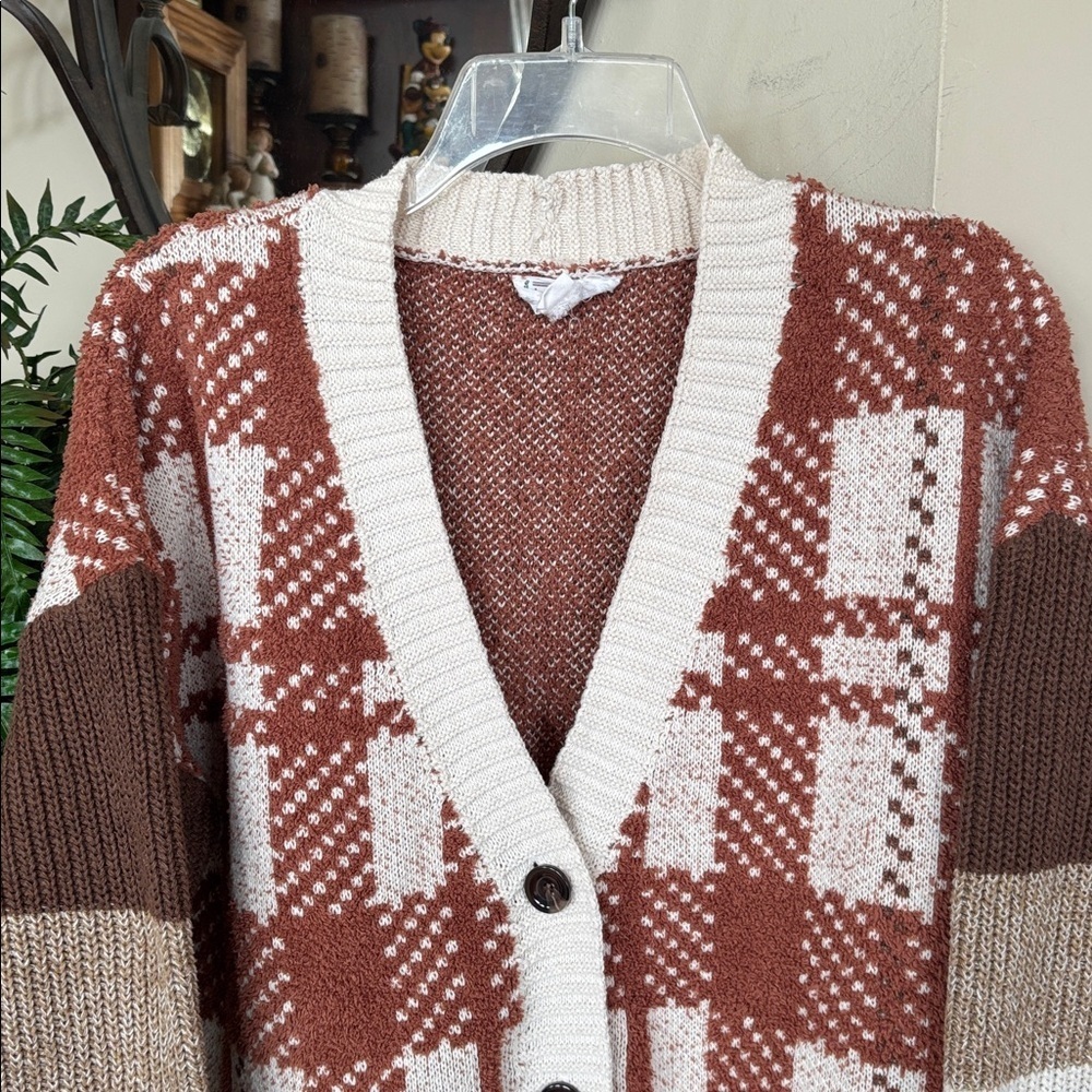 Love Riche Cozy Chic Mixed Knitted Rust Oversized Cardigan Button Down Plaid - Picture 2 of 12